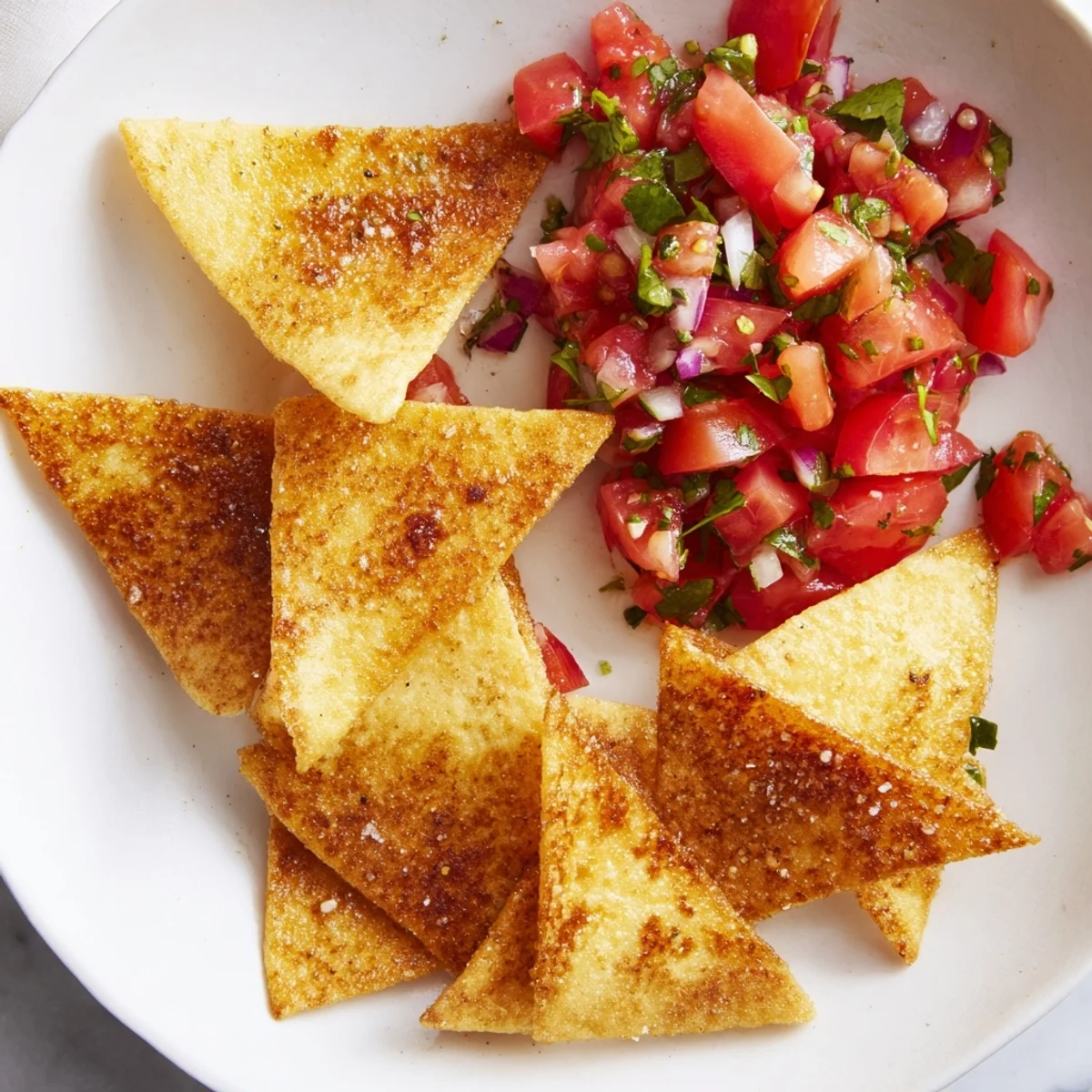 Crispy air-fryer tortilla chips piled next to a vibrant bowl of fresh homemade salsa.