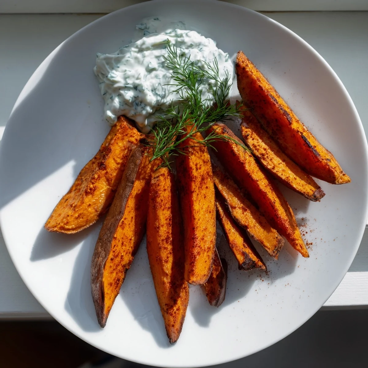 Golden, crispy roasted sweet potato wedges ready to dip into cool, herbed yogurt sauce.