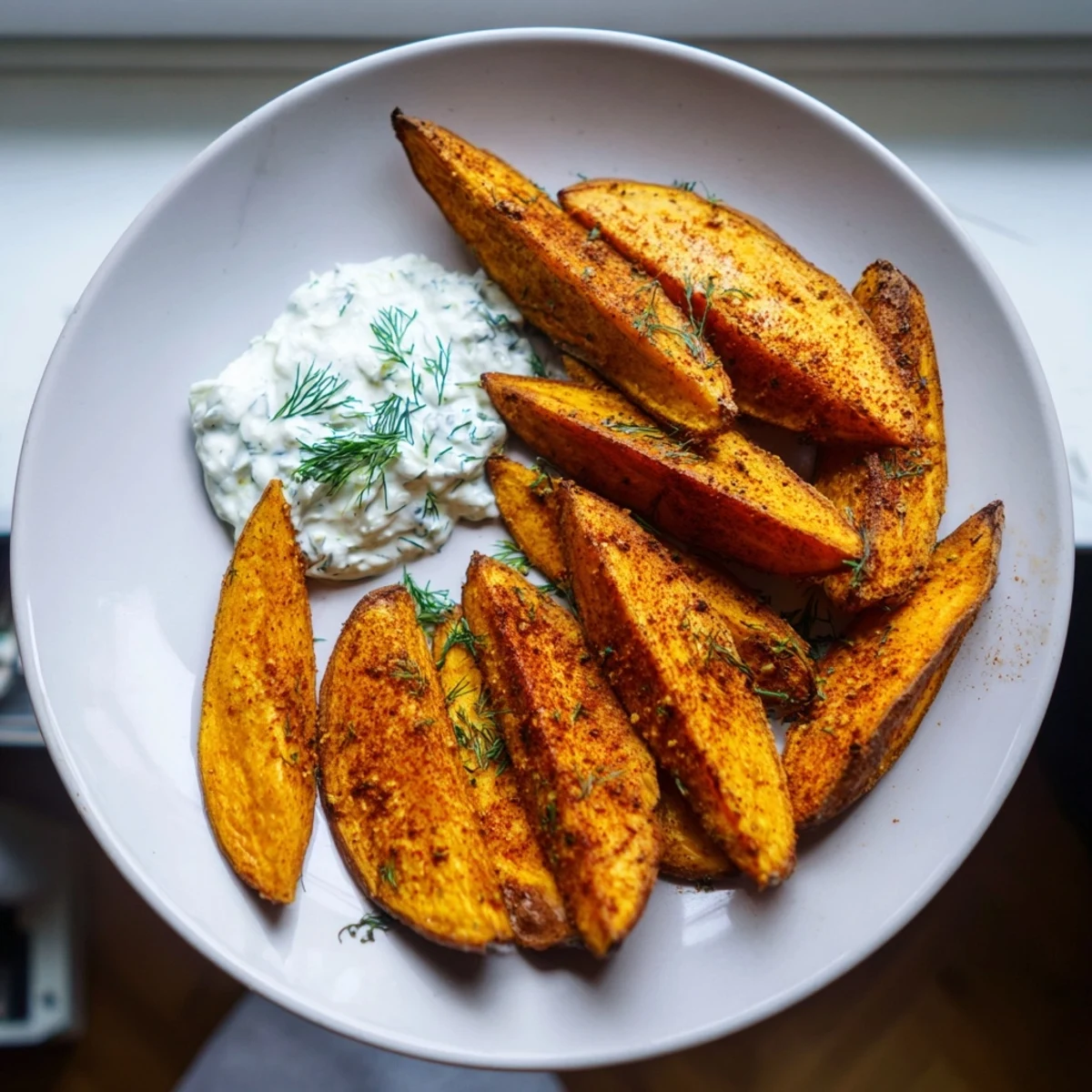 Freshly made roasted sweet potato wedges, a healthy side dish with a refreshing yogurt pairing.