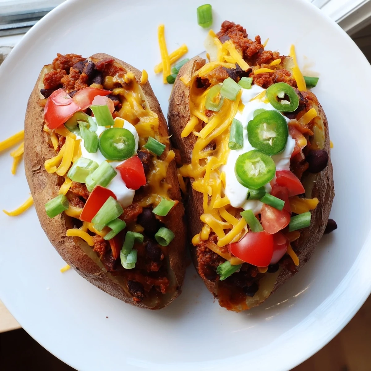Golden, melted cheese blankets a Loaded Baked Potato, brimming with chili and fresh toppings.