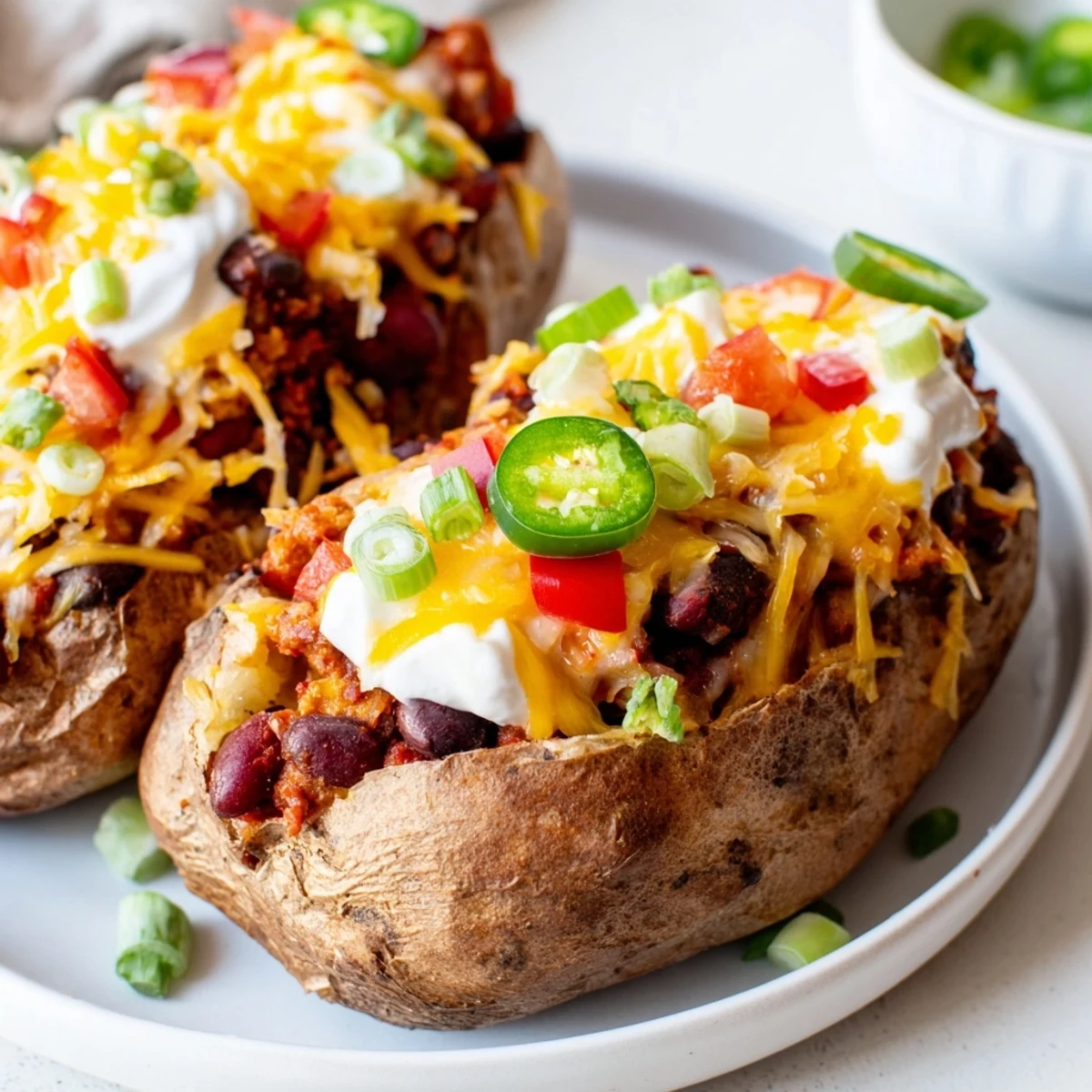 Enjoy a steaming Loaded Baked Potato piled high with spicy chili, beans, and creamy cheese.