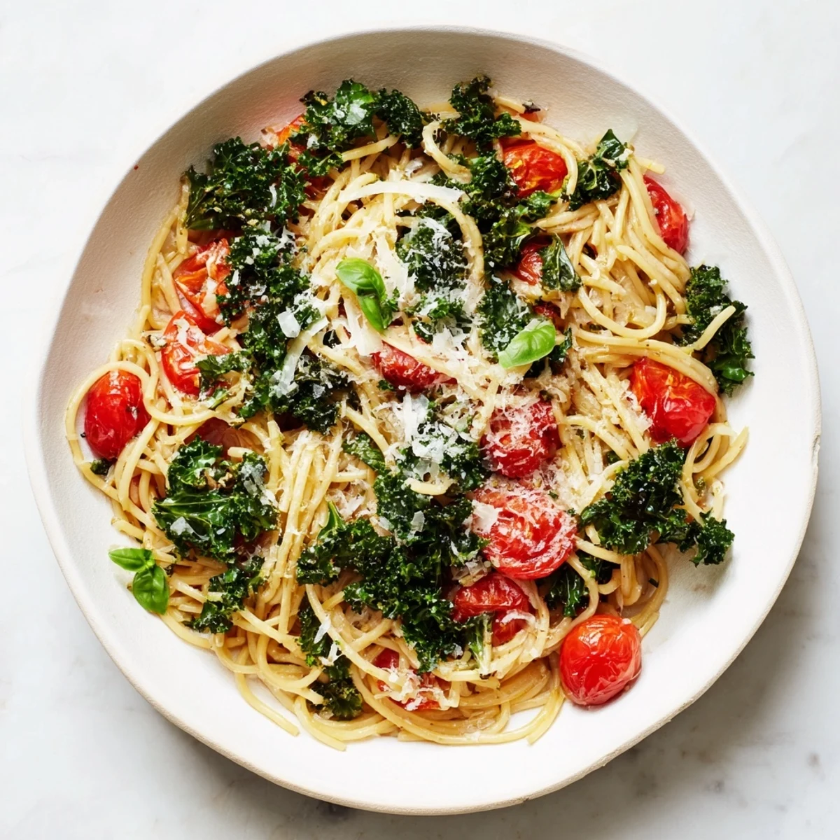 A close-up of a rustic bowl of one-pot spaghetti, garnished with fresh basil and parmesan cheese.