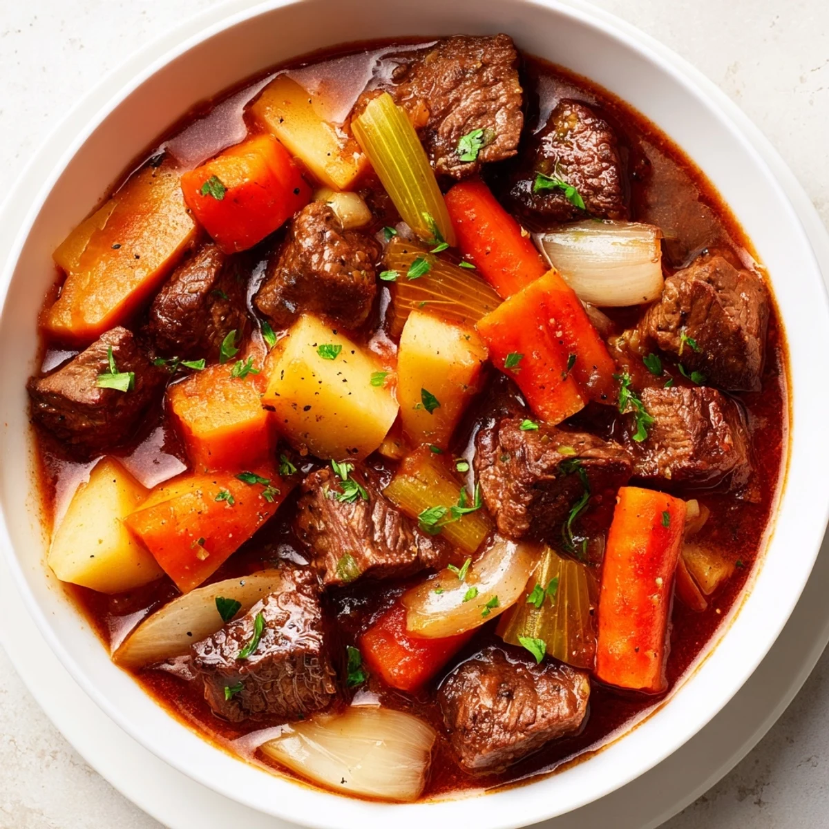 Instant Pot Beef Stew with hearty vegetables, a classic American comfort food ready to serve.