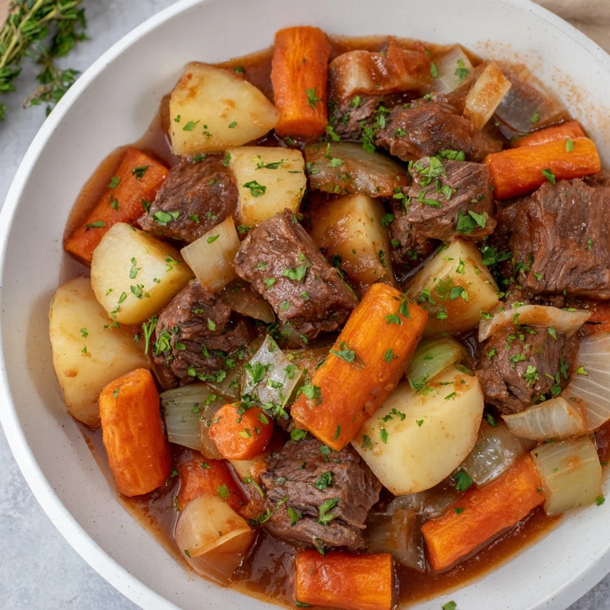 Tender beef and root vegetables simmered in an Instant Pot become flavorful Instant Pot Beef Stew.
