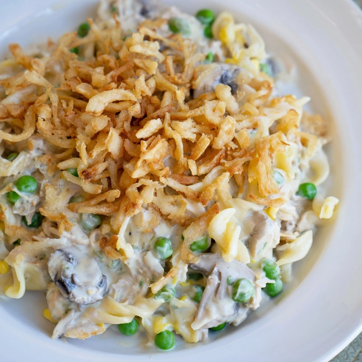 Warm, comforting Tuna Noodle Casserole; tender noodles and flaky tuna under a crisp topping.