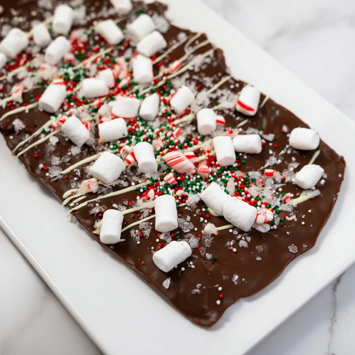 A close-up of delicious Viral Hot Chocolate Bomb Bark, a festive and decadent dessert treat.