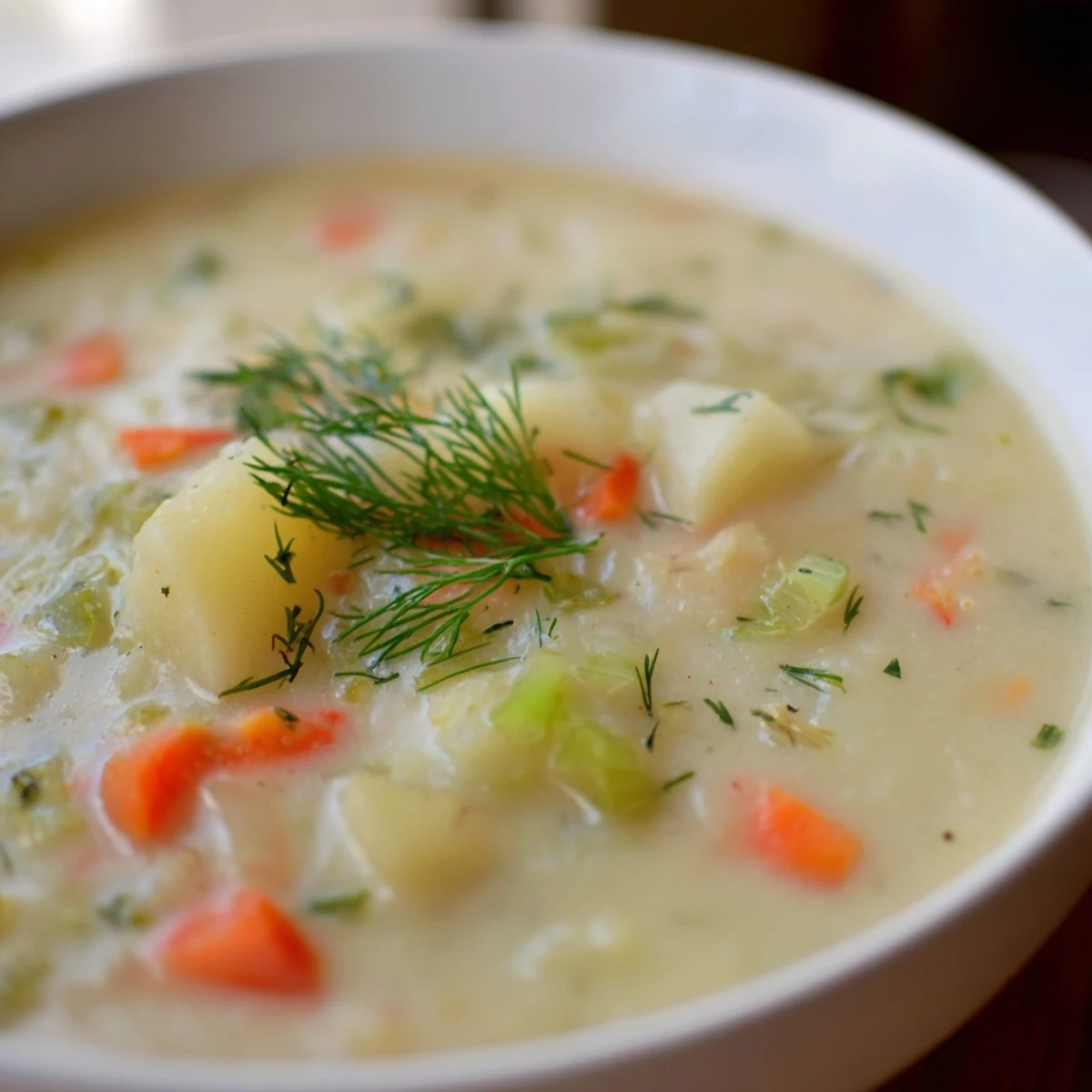 Vibrant photo of creamy dill pickle soup, showcasing the richness with fresh dill garnish.