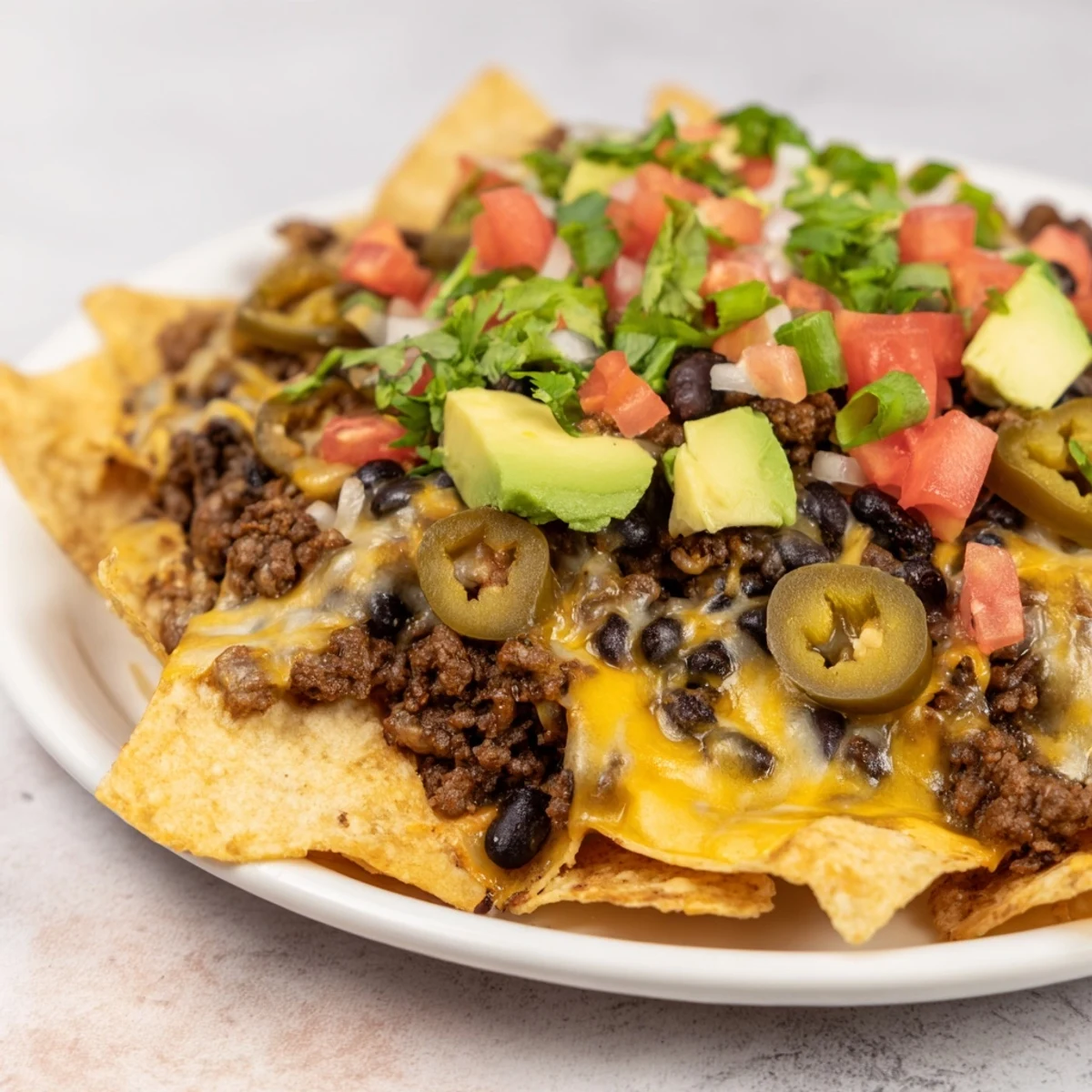 View a sizzling sheet pan of Sheet Pan Nachos with Budget Ground Beef, loaded with melty cheese and fresh cilantro.