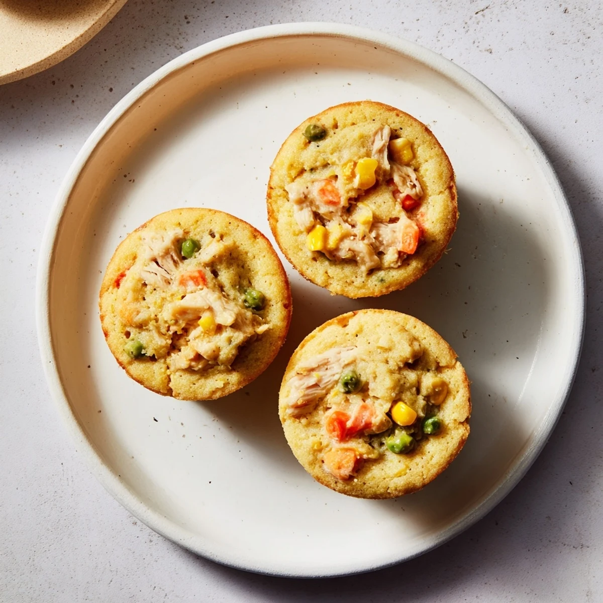 Golden brown Chicken Pot Pie Cornbread Muffins, warm and ready for a comforting bite at dinner.