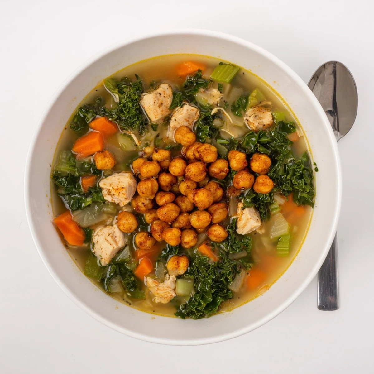 Close-up of a rustic bowl filled with Chicken Kale Soup, garnished with golden, crispy chickpeas, ready to enjoy.