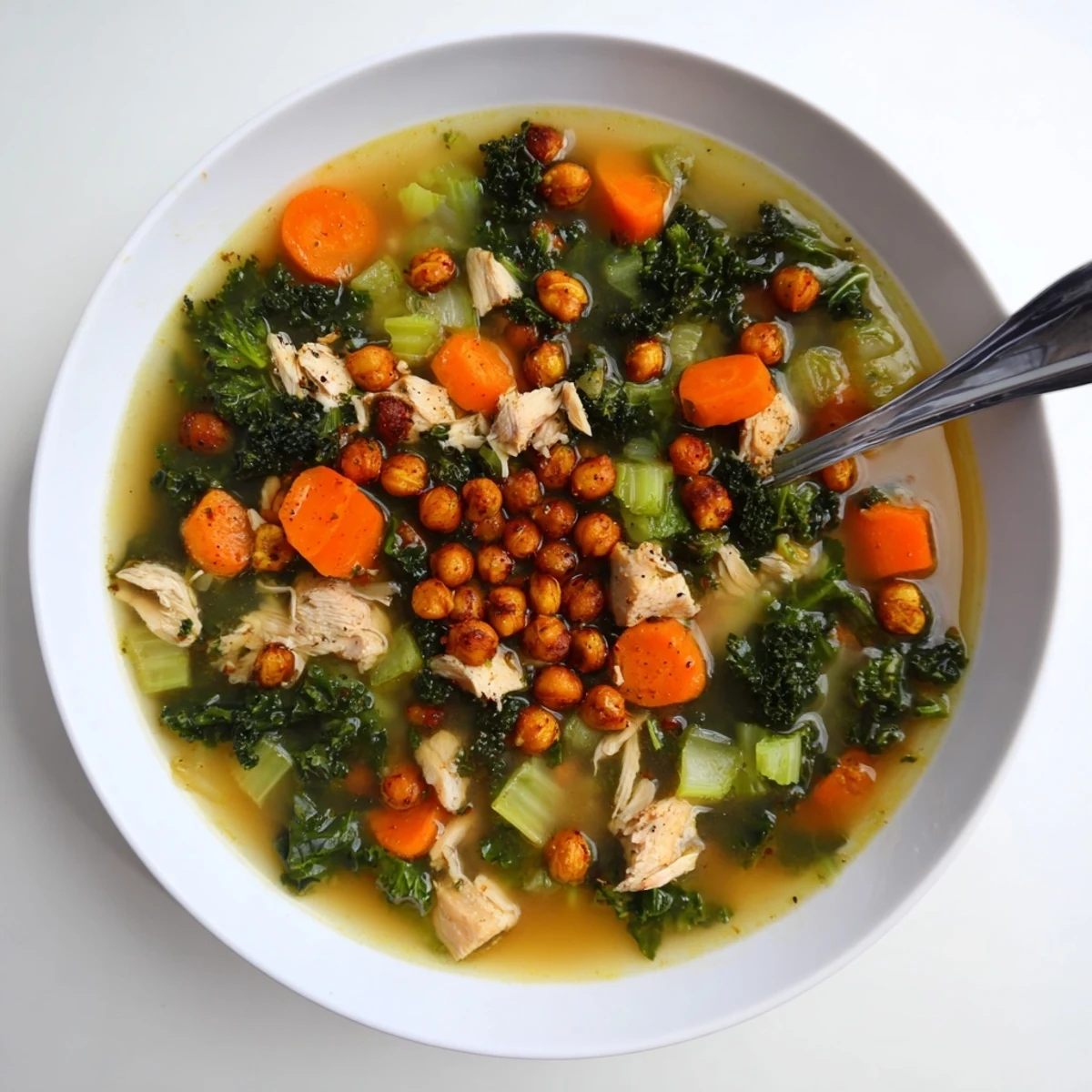 A steaming bowl of Chicken Kale Soup, promising a comforting, healthy meal, visually appealing with vibrant colors.