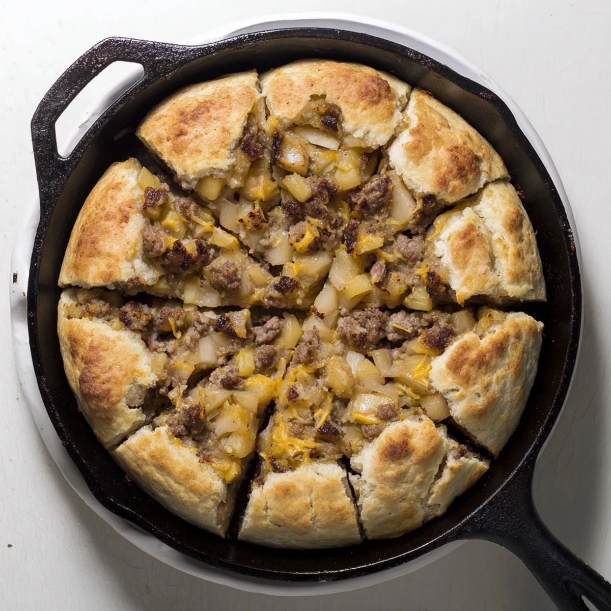 A steaming skillet of Savory Apple, Sausage, and Cheddar Scones, showing off a perfectly baked, flaky crust.