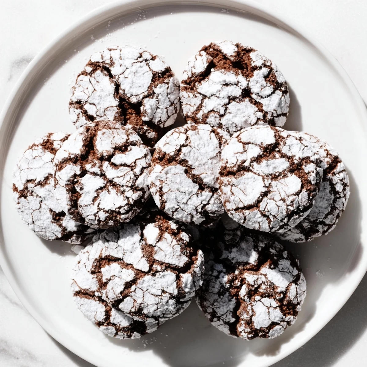 Close-up of freshly baked chocolate crinkle cookies, crackled and dusted with powdered sugar.