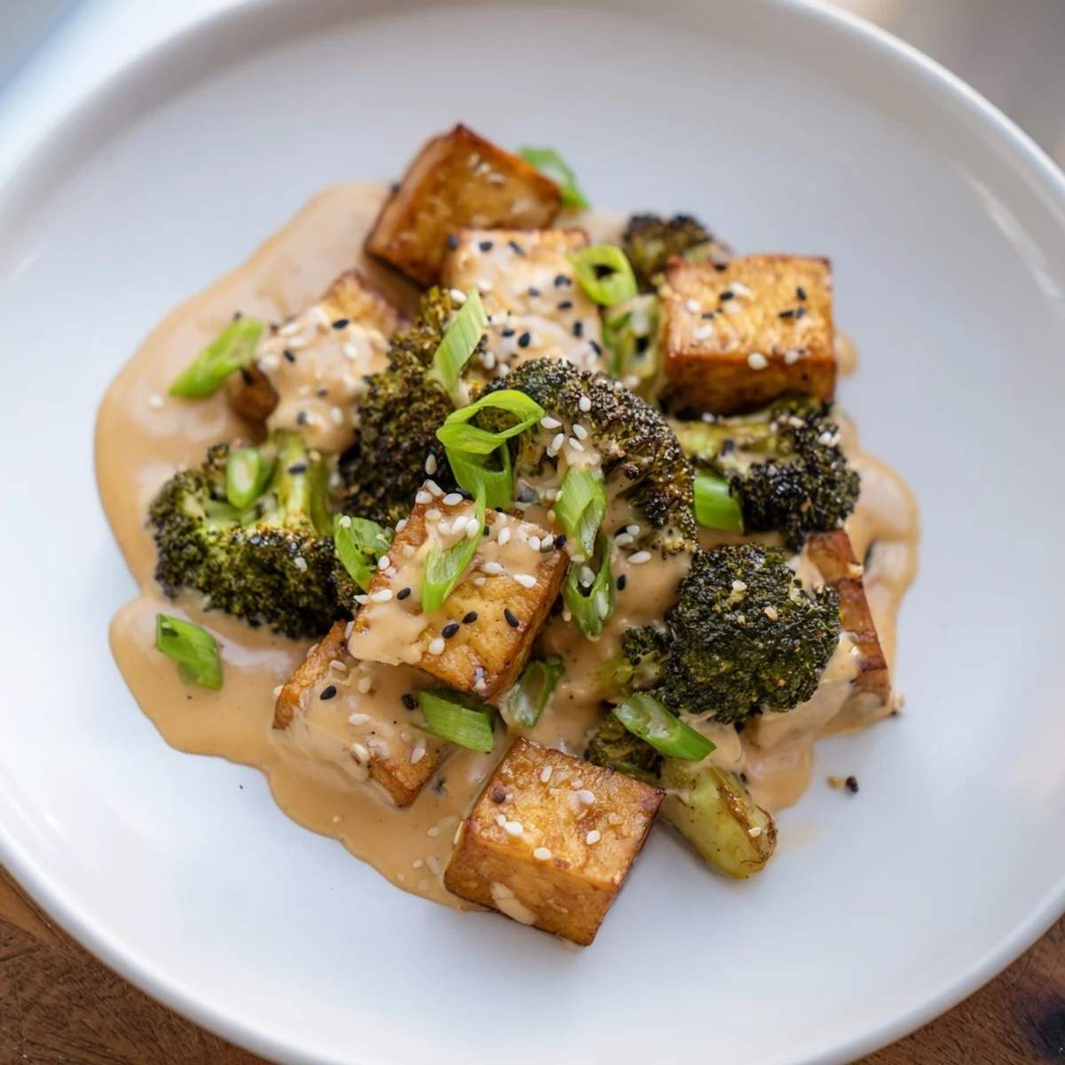 Golden, bubbly Cheesy Baked Tofu and Broccoli, melding savory tofu with creamy sesame-ginger sauce.