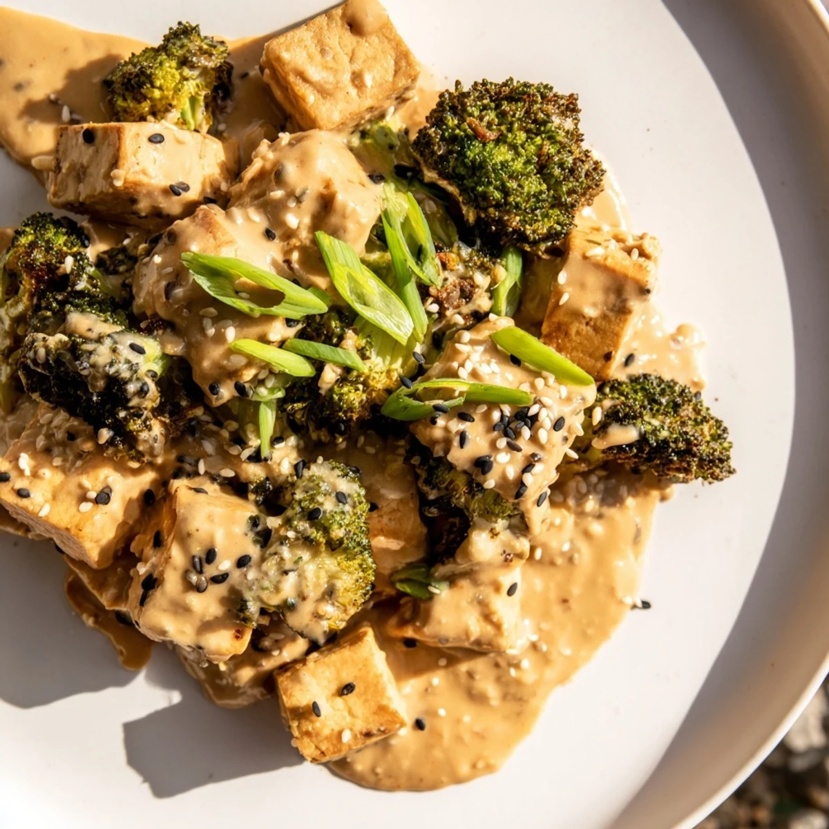A steaming casserole of Cheesy Baked Tofu and Broccoli, smelling of garlic and roasted vegetables, ready to serve.