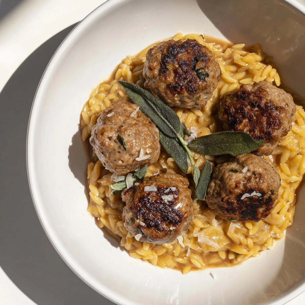 Tender sage turkey meatballs nestled with golden pumpkin orzo, a comforting autumnal dish.