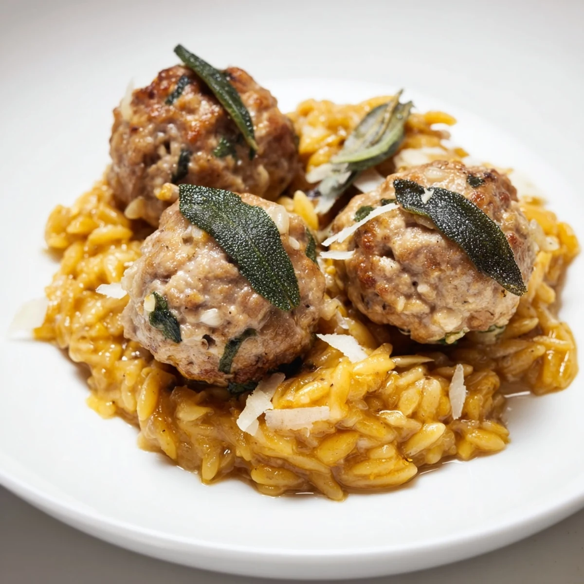 Warm, inviting picture of sage turkey meatballs; the pumpkin orzo looks hearty and delicious.