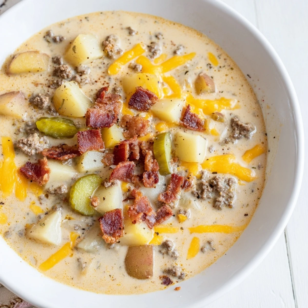 Sizzling ground beef simmers with potatoes in a crockpot of creamy Crockpot Cheeseburger Soup.