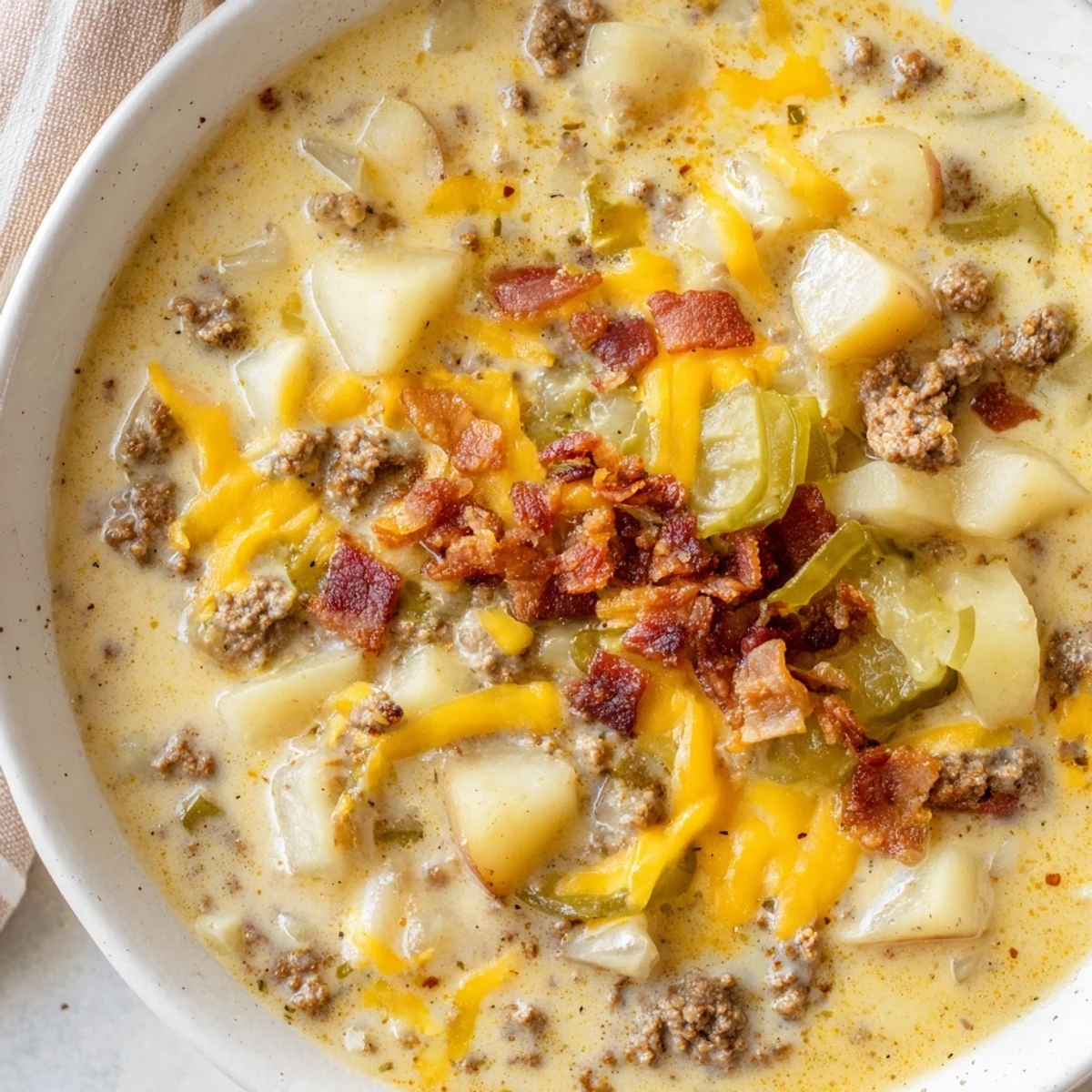 Tender potatoes and rich broth form the base of this comforting Crockpot Cheeseburger Soup recipe.