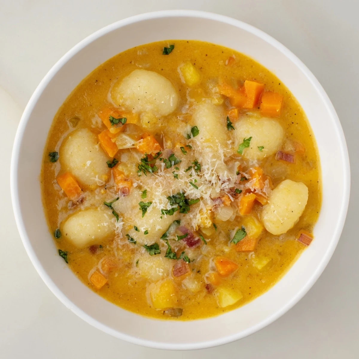 Creamy bowl of Savory Butternut Squash Gnocchi Soup, garnished with fluffy Parmesan cheese and herbs.