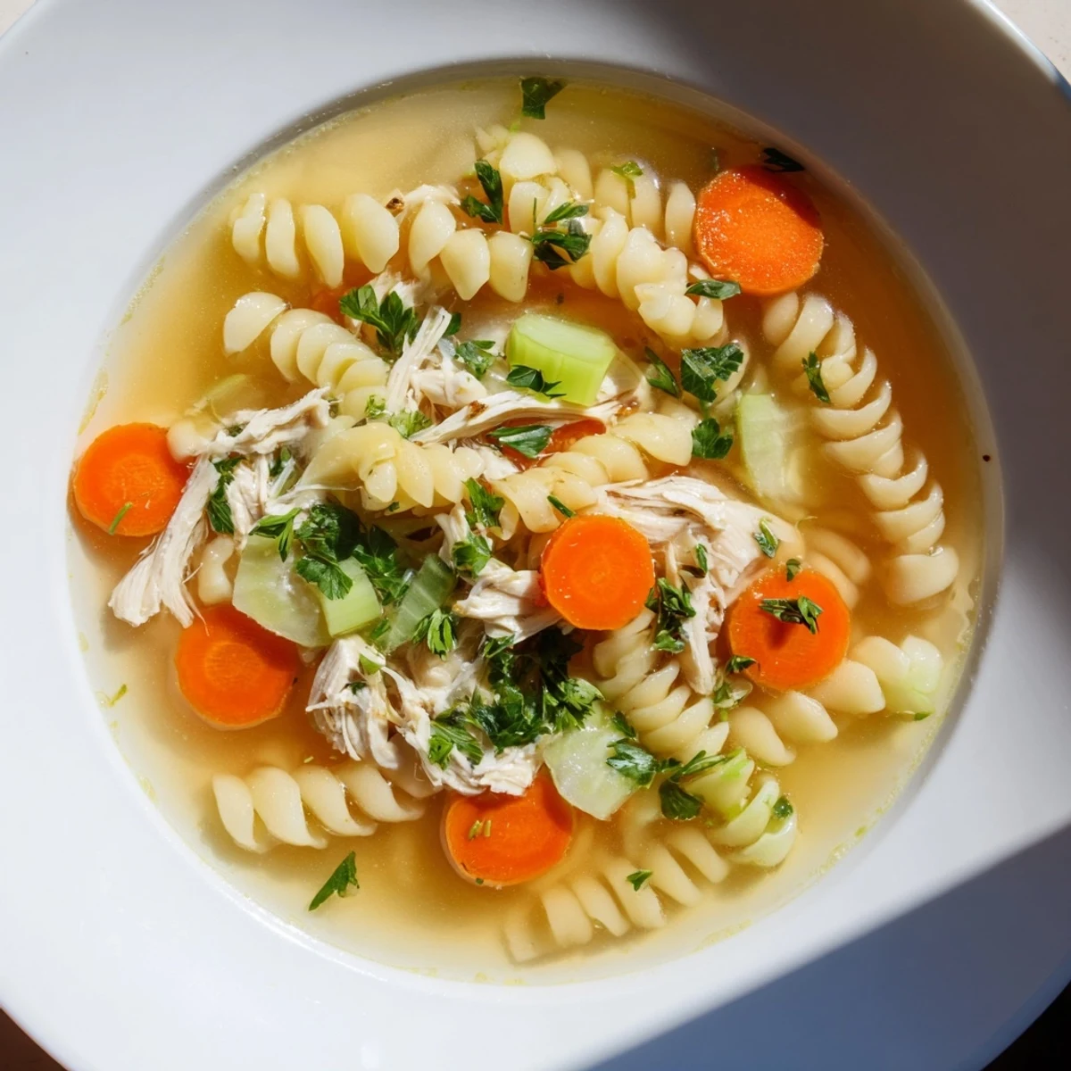 Hearty Crockpot Chicken Noodle Soup with vibrant carrots and celery, ready to serve with parsley.