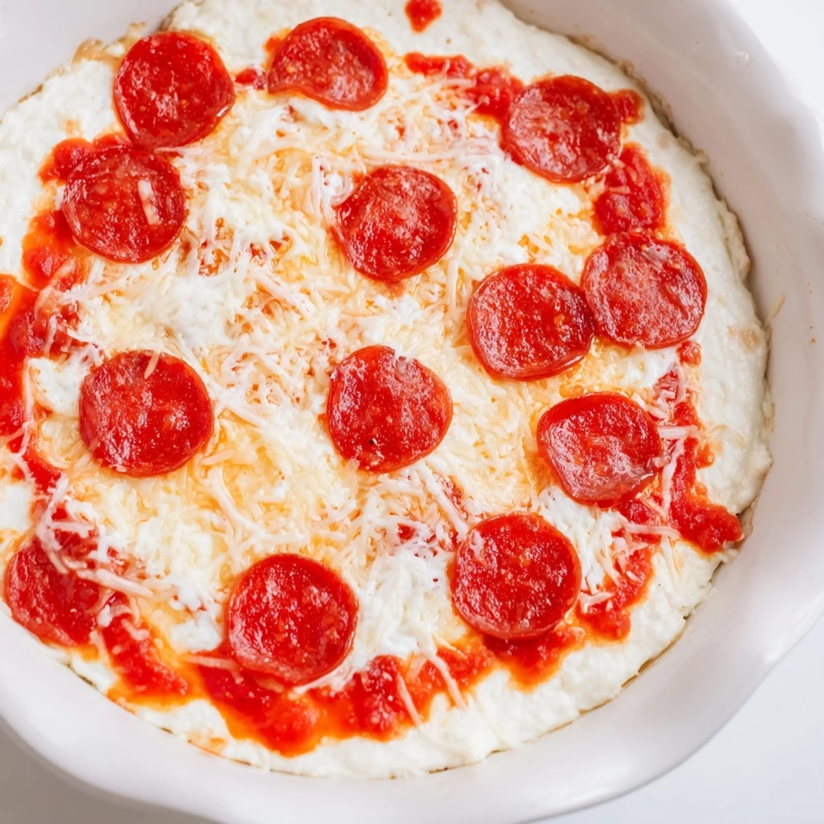 Cheesy, bubbling pizza dip with pepperoni ready to be scooped up with your favorite dippers.