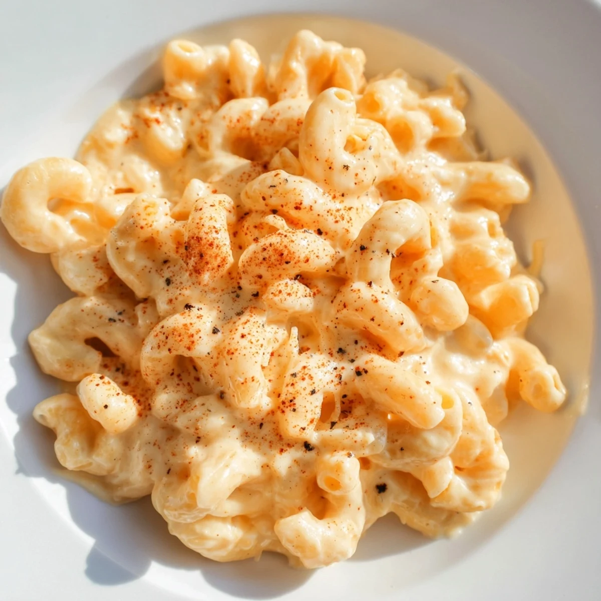 A steaming bowl of Easy Tinis Mac & Cheese, with bubbly cheese and golden breadcrumb topping.