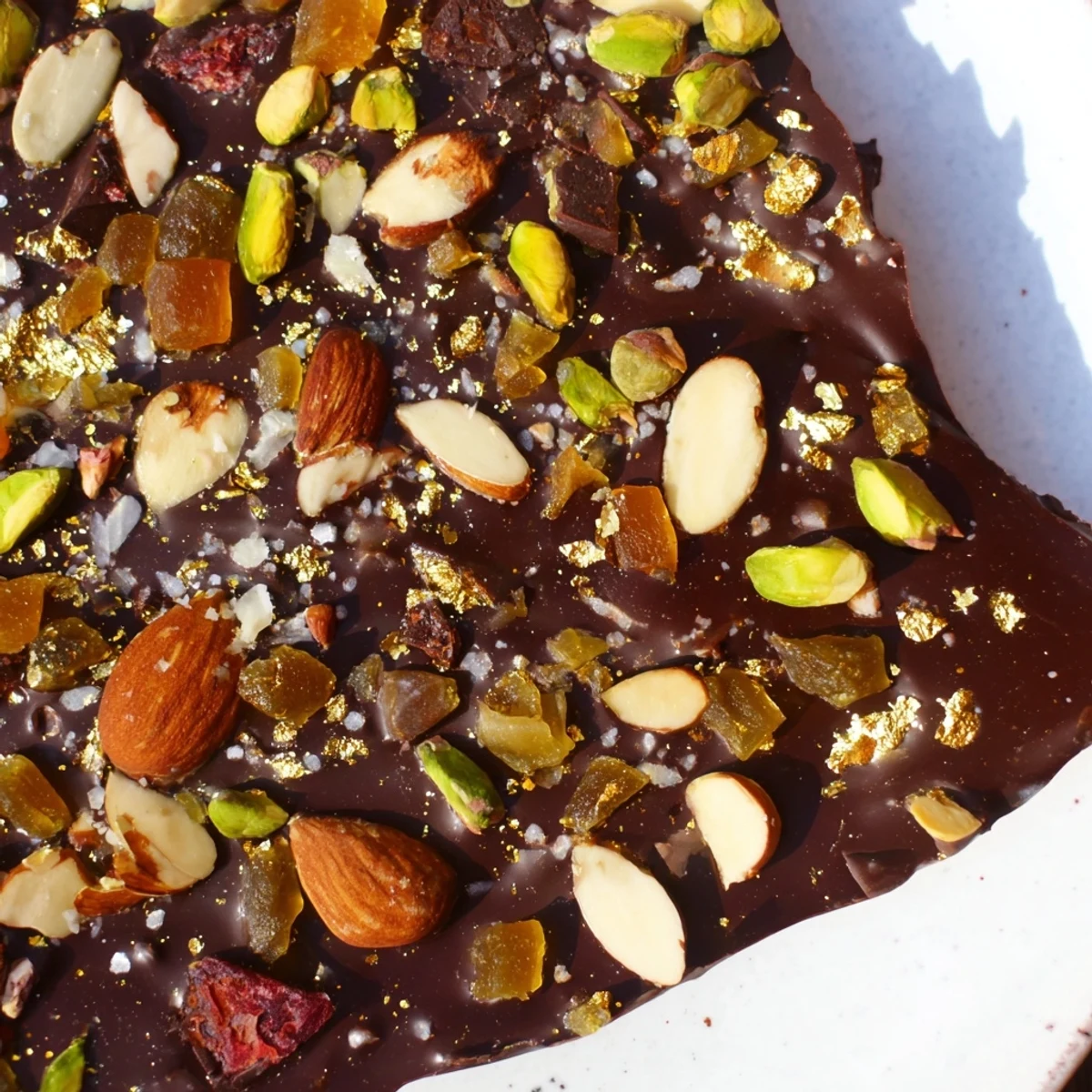 Glistening close-up of Simplified Dubai Chocolate Bark, studded with nuts and dried fruits, ready to be broken and enjoyed.