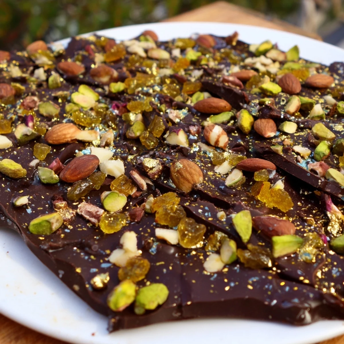 Rich, dark chocolate forms the base of this decadent Simplified Dubai Chocolate Bark, garnished with golden accents.
