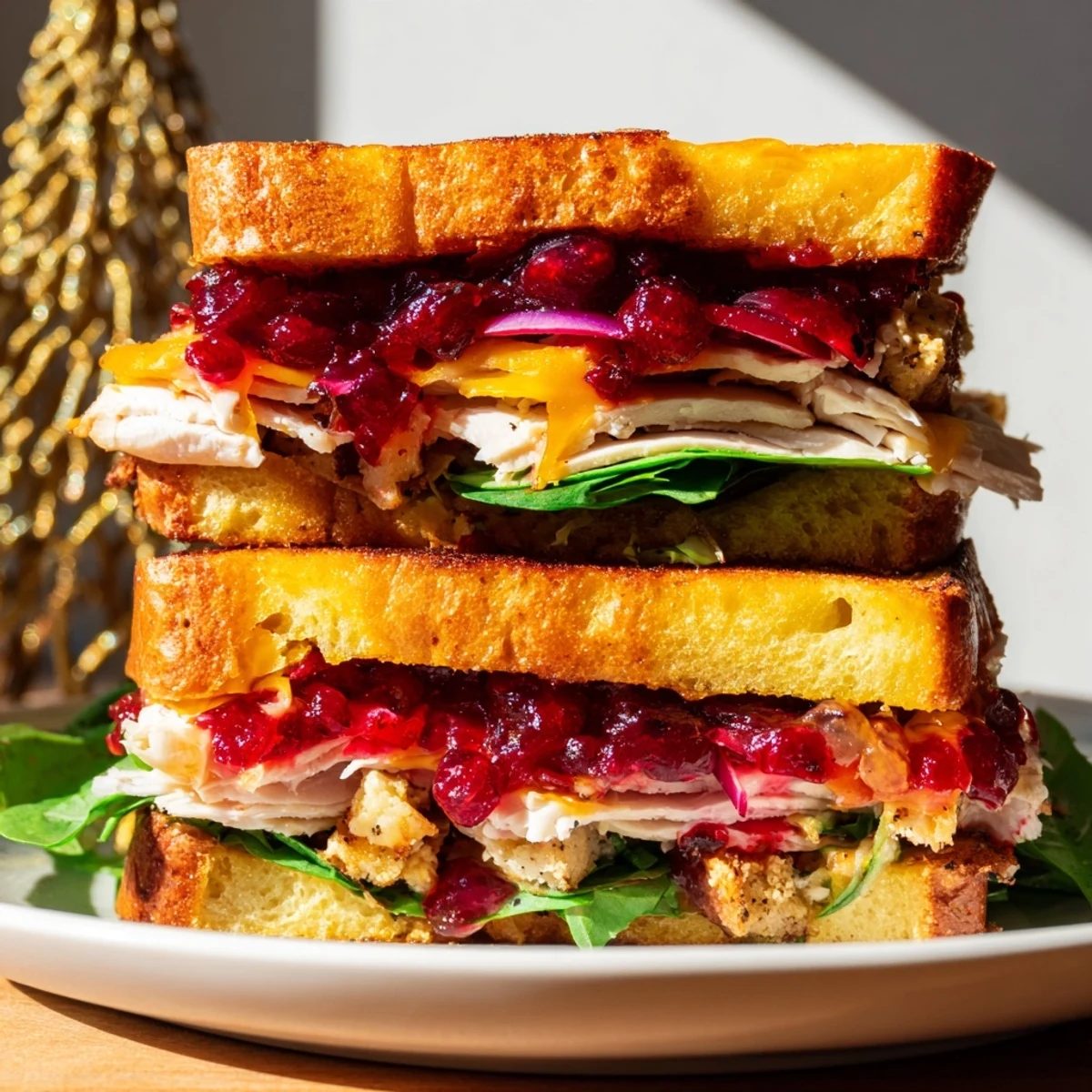 Golden, grilled Budget Christmas Sandwich on Brioche, layered with juicy turkey and cranberry sauce, ready to eat.