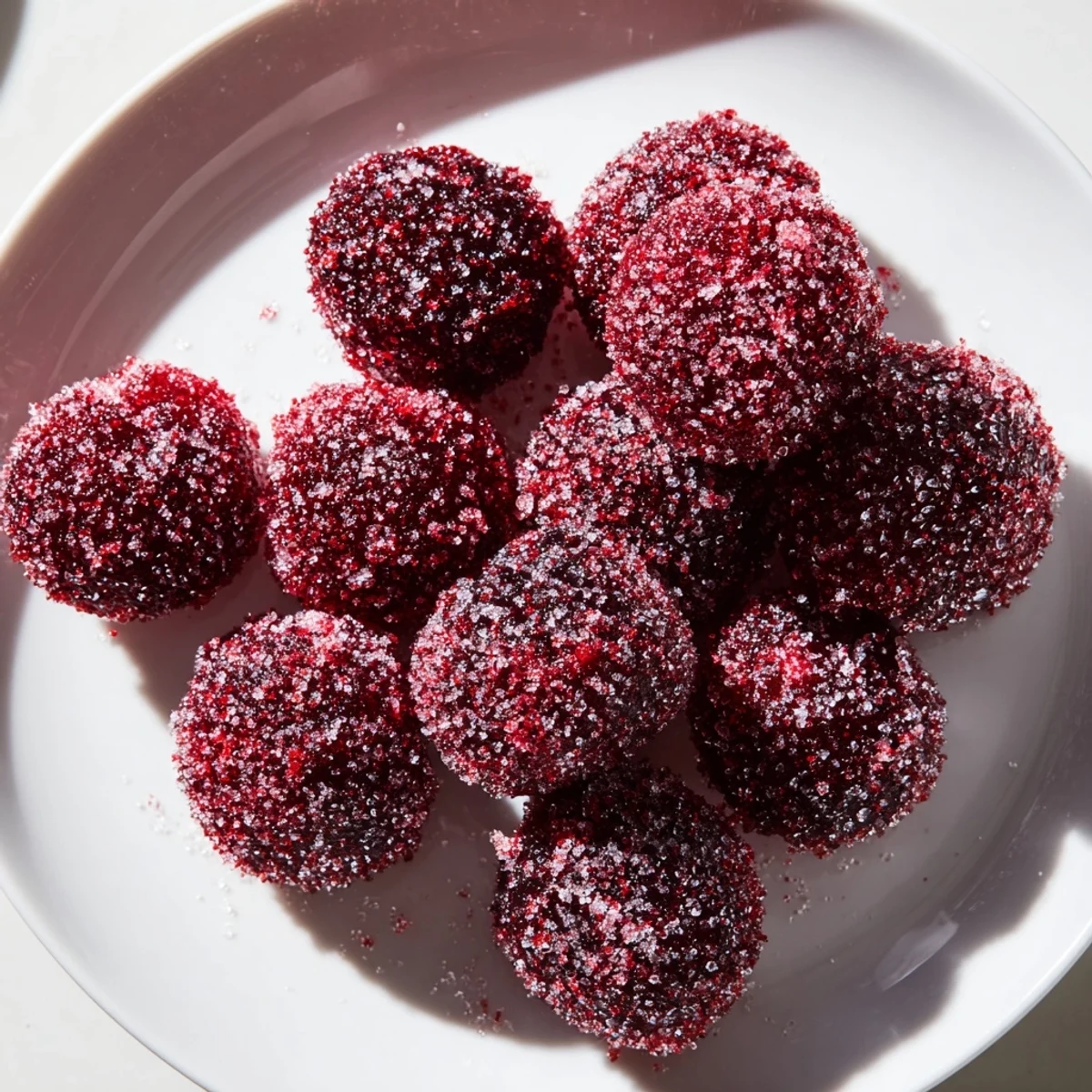 Vegan candied cranberry garnish glistening with sugar, ready to elegantly top holiday desserts.