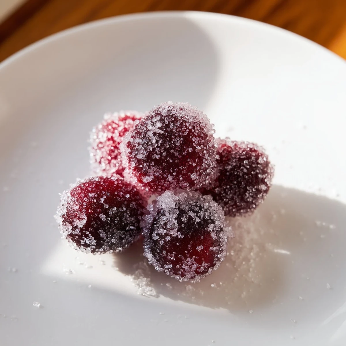 Close-up of vibrant vegan candied cranberry garnish, showcasing the glossy sugar-coated texture.