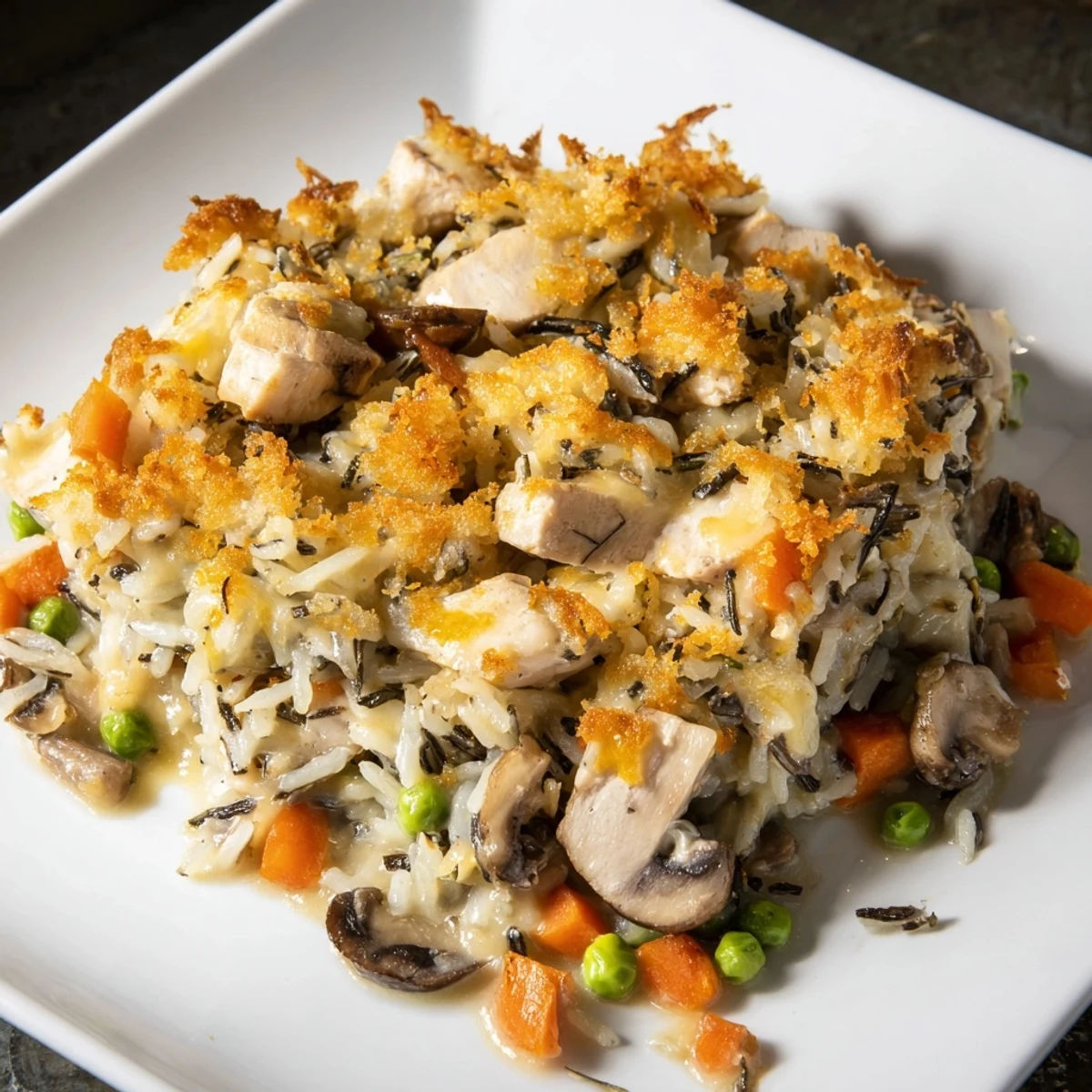 Golden-brown Chicken and Wild Rice Bake bubbling in a baking dish, ready to be served.