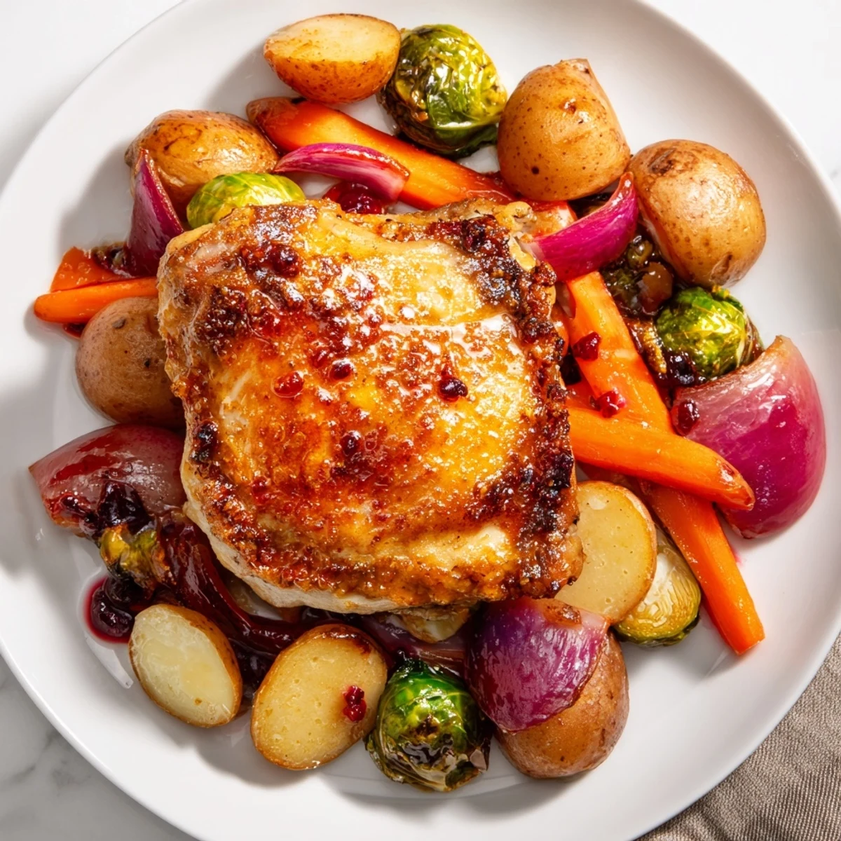 Sheet pan chicken with cranberry vinaigrette, featuring golden roasted chicken and colorful, tender vegetables.