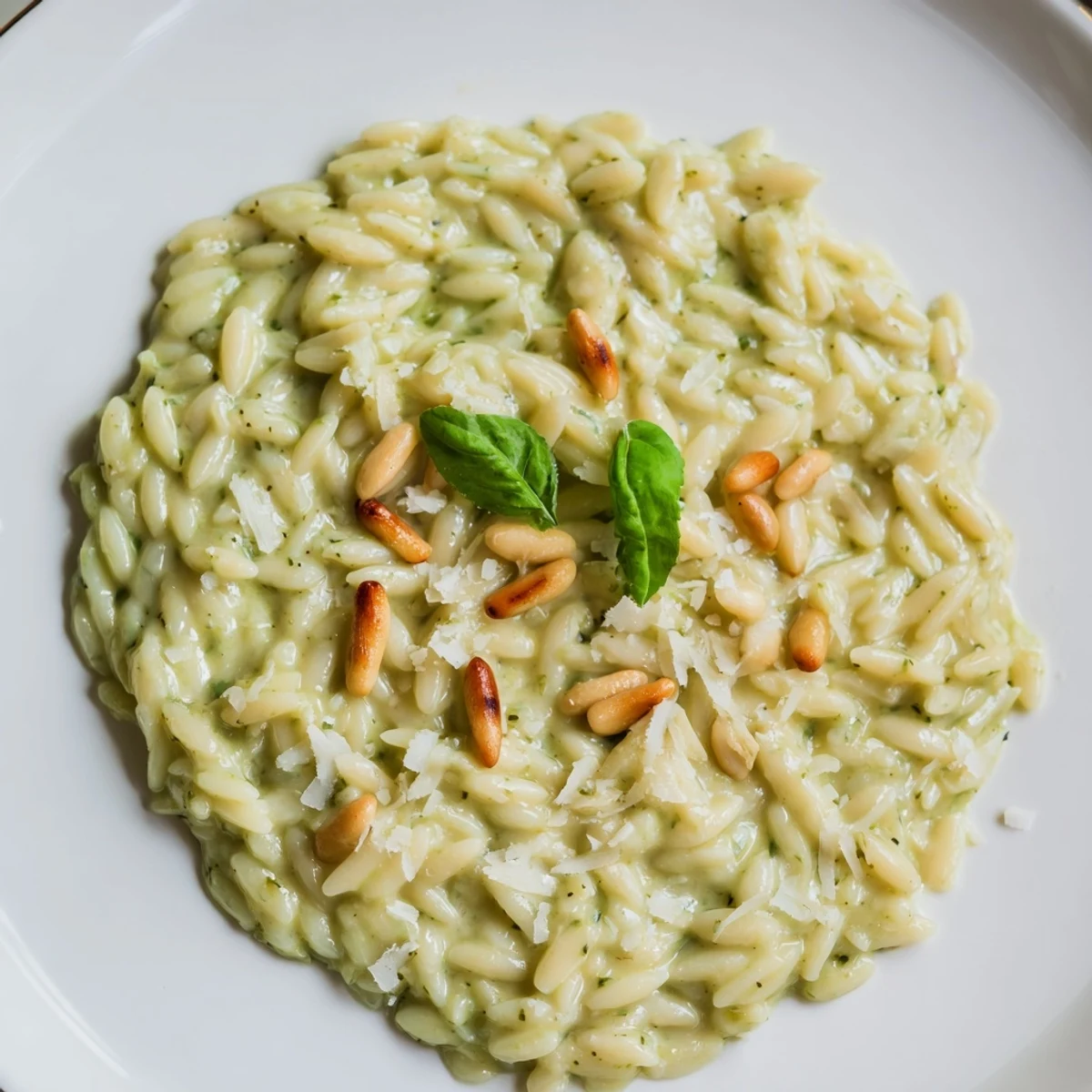 Steaming bowl of 15-Minute Creamy Pesto Risoni, garnished with fresh basil and toasted pine nuts.