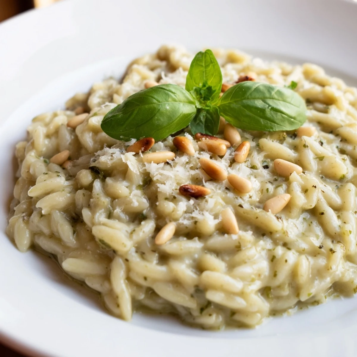 A vibrant close-up of the delicious 15-Minute Creamy Pesto Risoni, pasta glistening with pesto sauce.