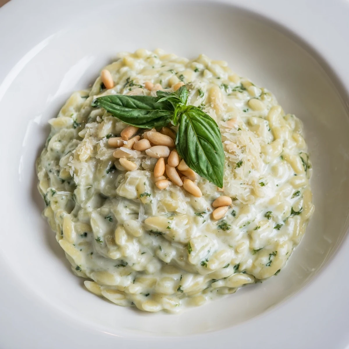 Quick and easy 15-Minute Creamy Pesto Risoni, ready to serve—a flavorful vegetarian delight, perfect for dinner.