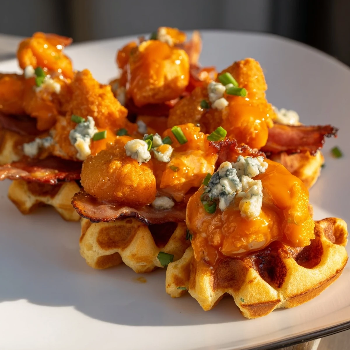 Golden-fried Crispy Buffalo Chicken and Bacon Waffle Bites, piled high with tangy sauce and toppings.