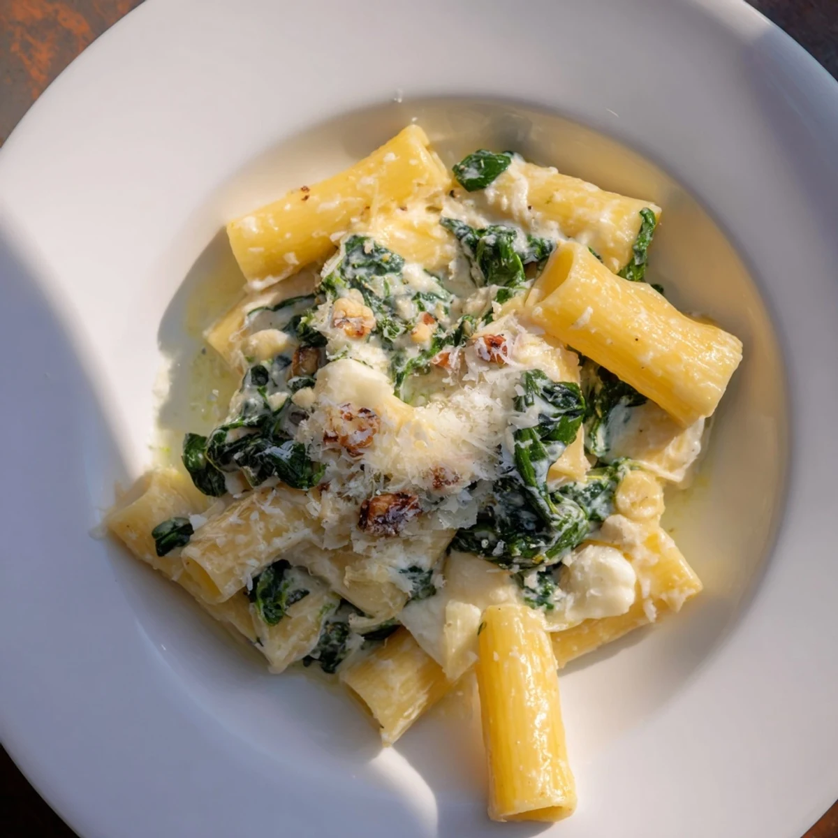 A close-up of baked rigatoni, showing the creamy whipped ricotta and spinach layered into this comforting pasta.
