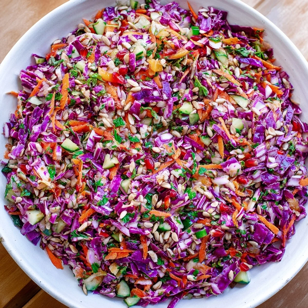 Freshly tossed Shirazi-Inspired Winter Slaw with pomegranate seeds, offering a bright, crisp texture to see.