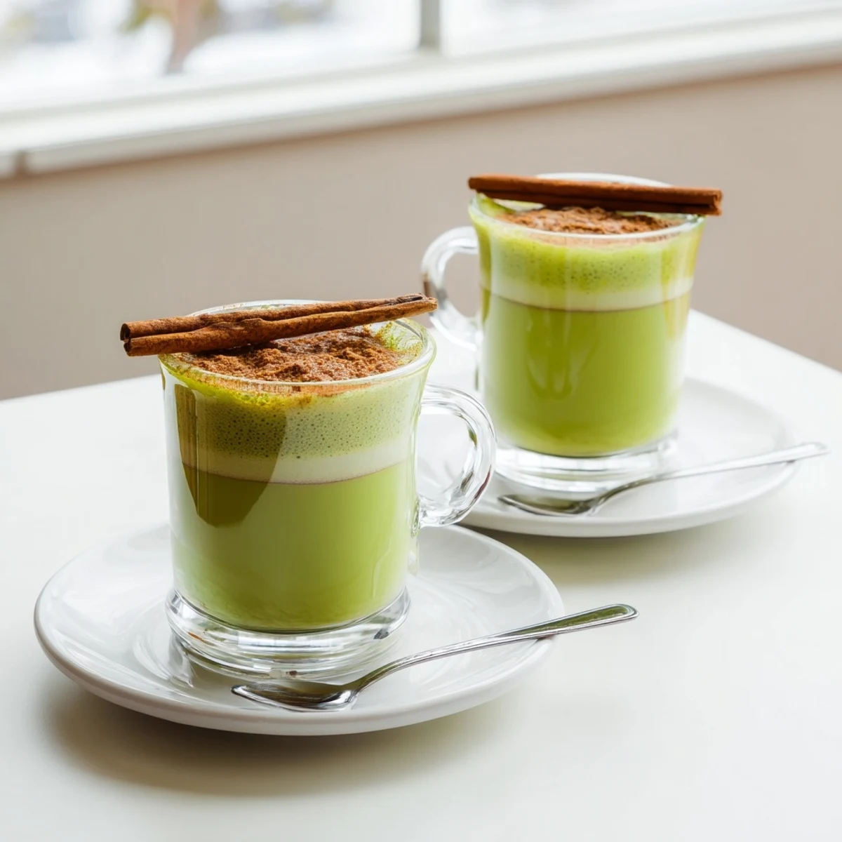 Enjoy a layered Maple Cinnamon Gingerbread Matcha Oat Latte, fragrant with fall spices and maple sweetness.
