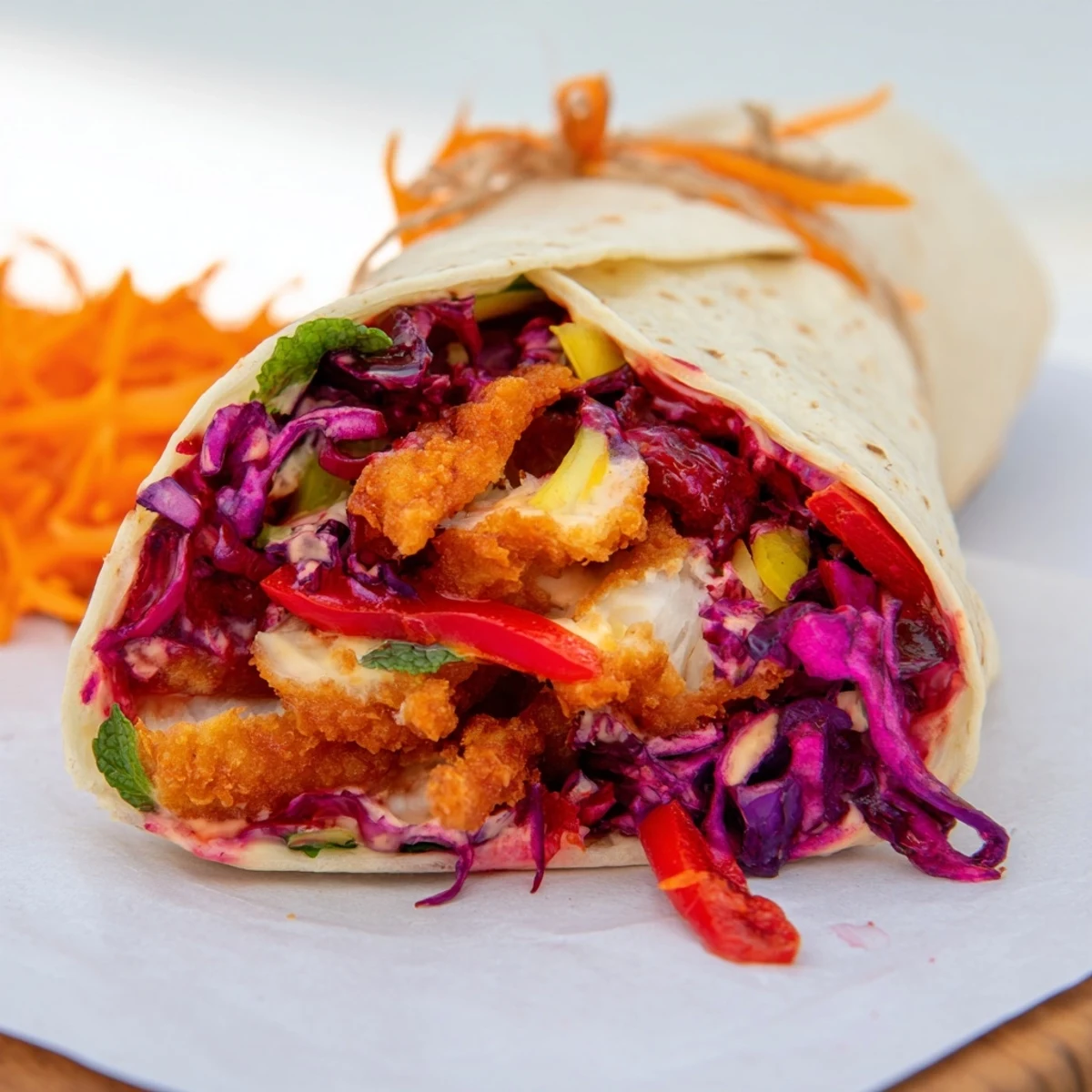 A tempting look at the assembled Candy Cane Crunch Chicken Veggie Wrap, ready to eat.