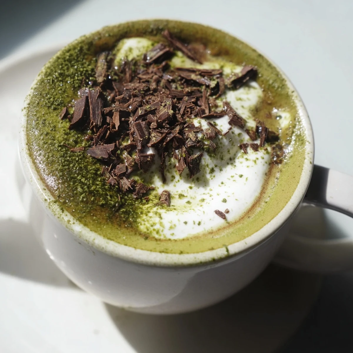 Steaming Matcha Hot Cocoa Protein Mug topped with whipped cream, perfect for a cozy morning.