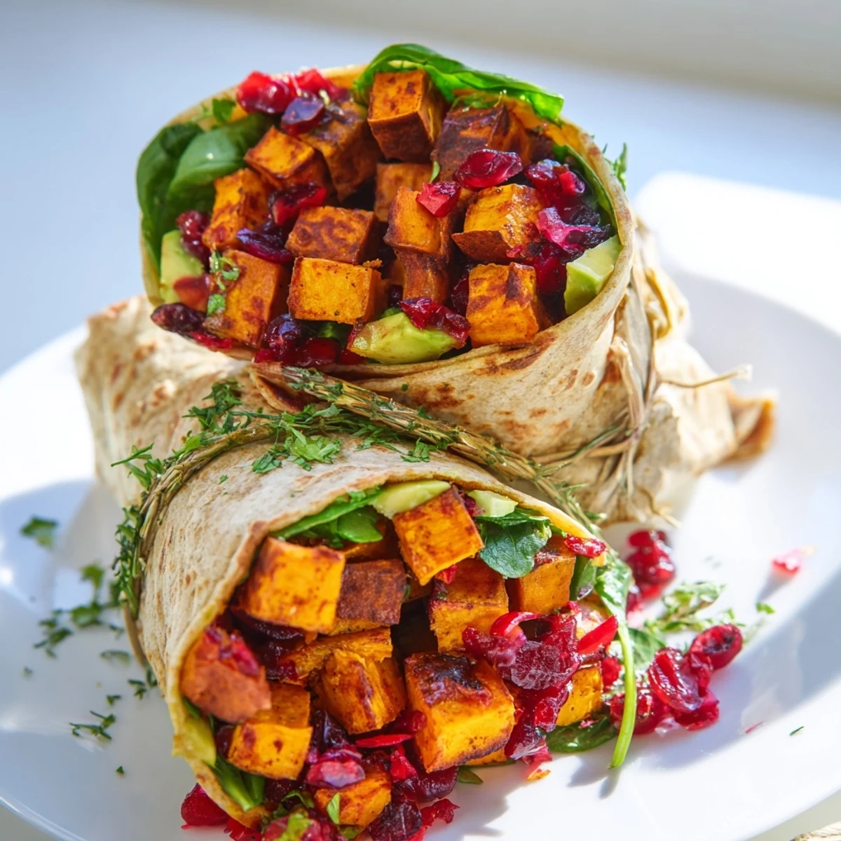 Picture a fluffy tortilla packed with the hearty roasted sweet potato and black bean holiday wrap filling.