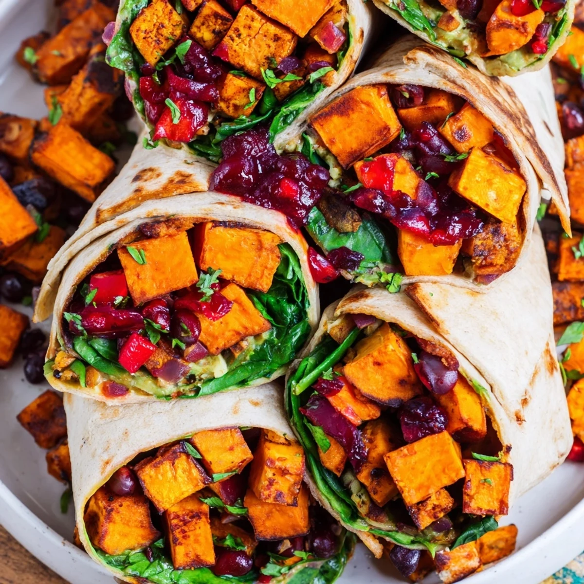 Golden roasted sweet potato and black bean holiday wraps, bursting with vibrant vegetables and spices.