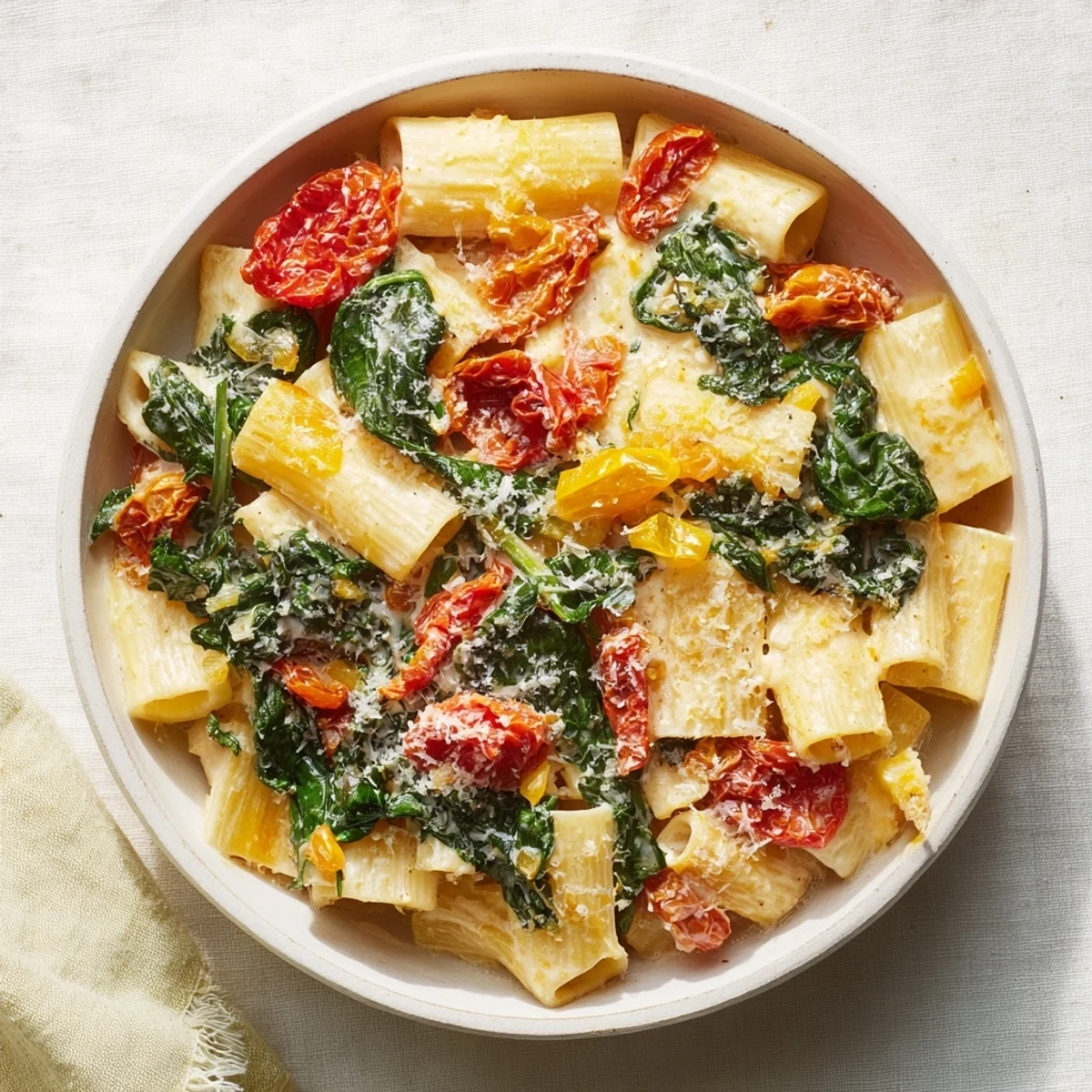 A vibrant bowl filled with Creamy Sun-Dried Tomato Spinach Cottage Cheese Pasta, garnished with fresh basil.