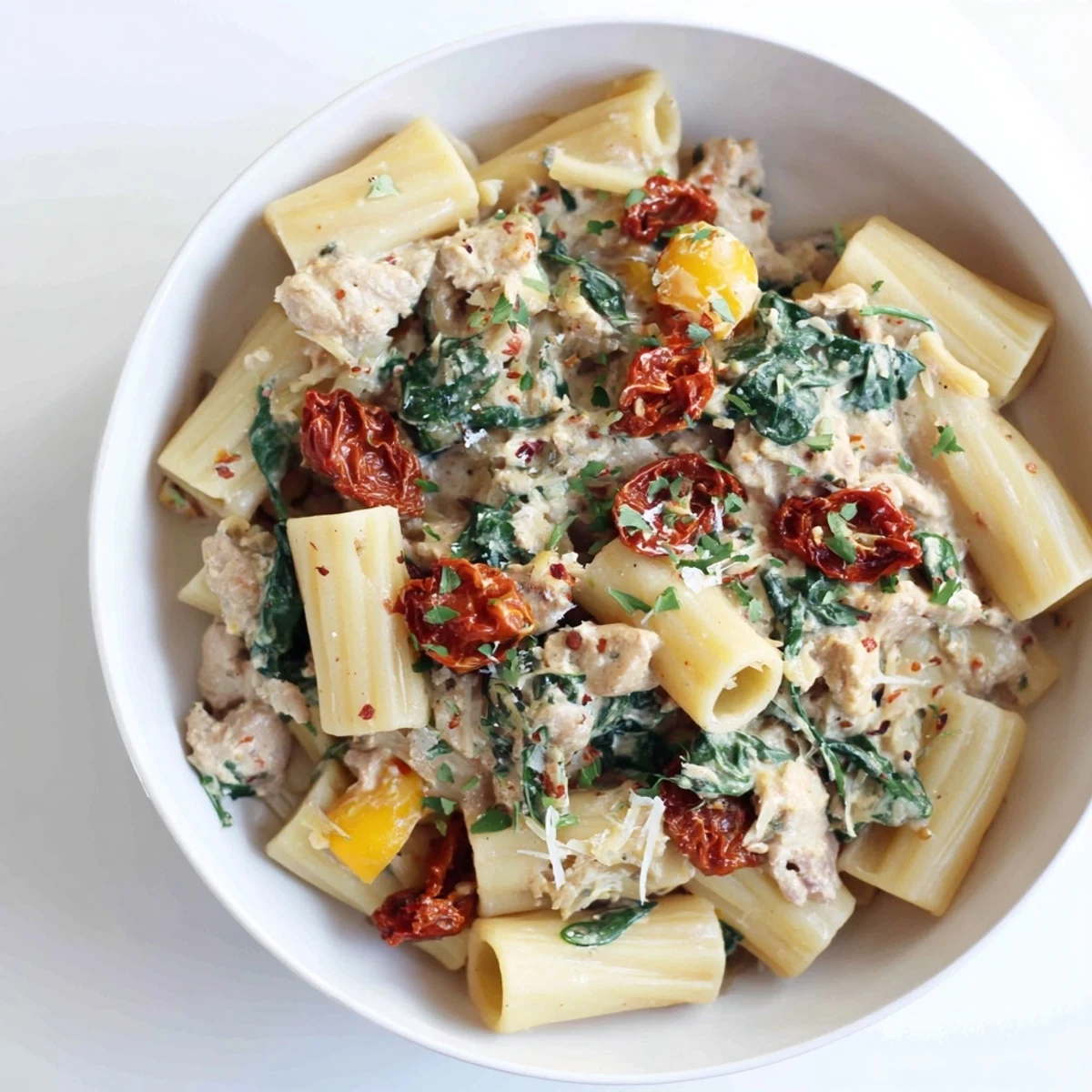 This photo shows a close-up of the delicious Creamy Sun-Dried Tomato Spinach Cottage Cheese Pasta, ready to eat.