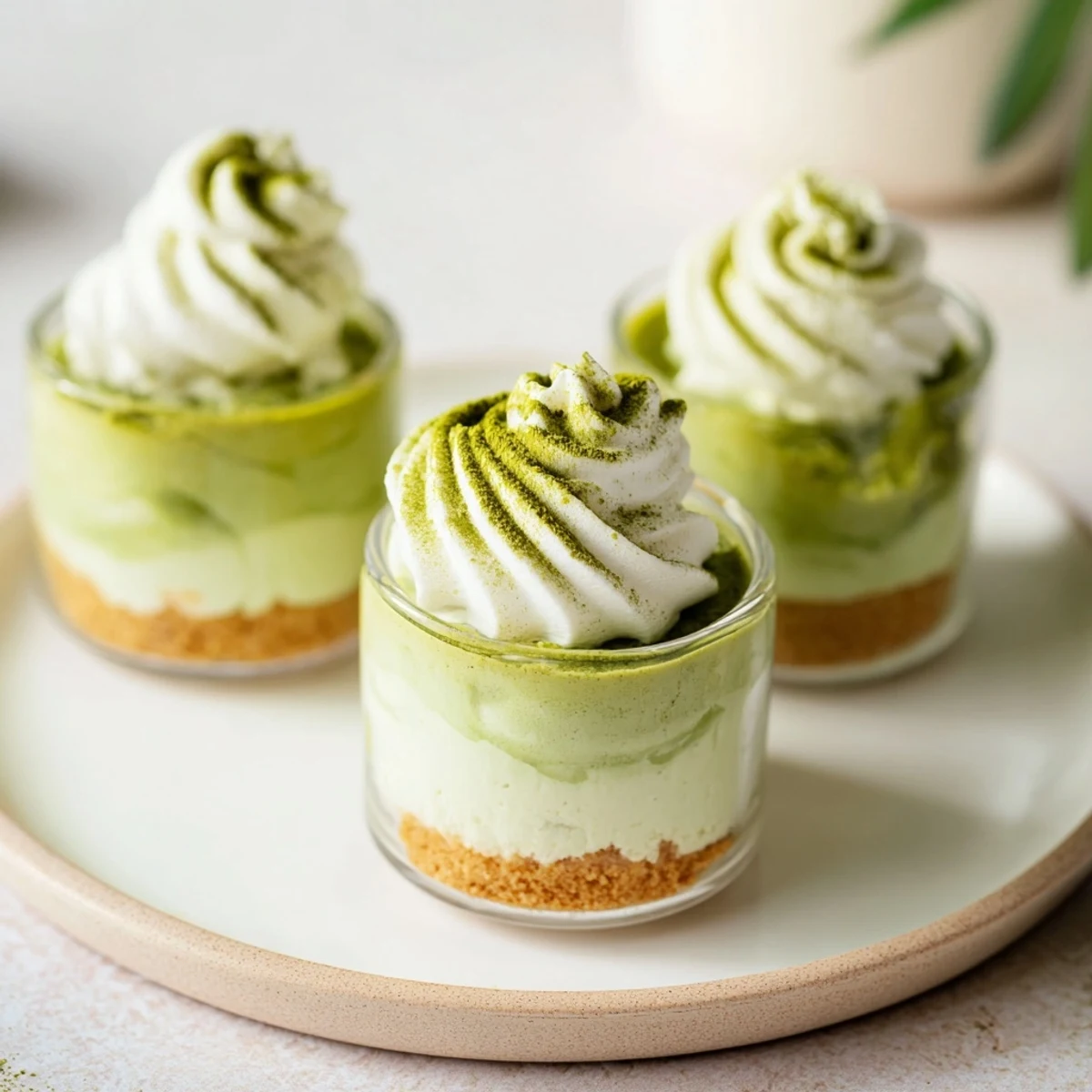 Delight in the chilled Matcha Swirl Snowdrift Cheesecake Cups, seeing the creamy filling and a matcha tea swirl.