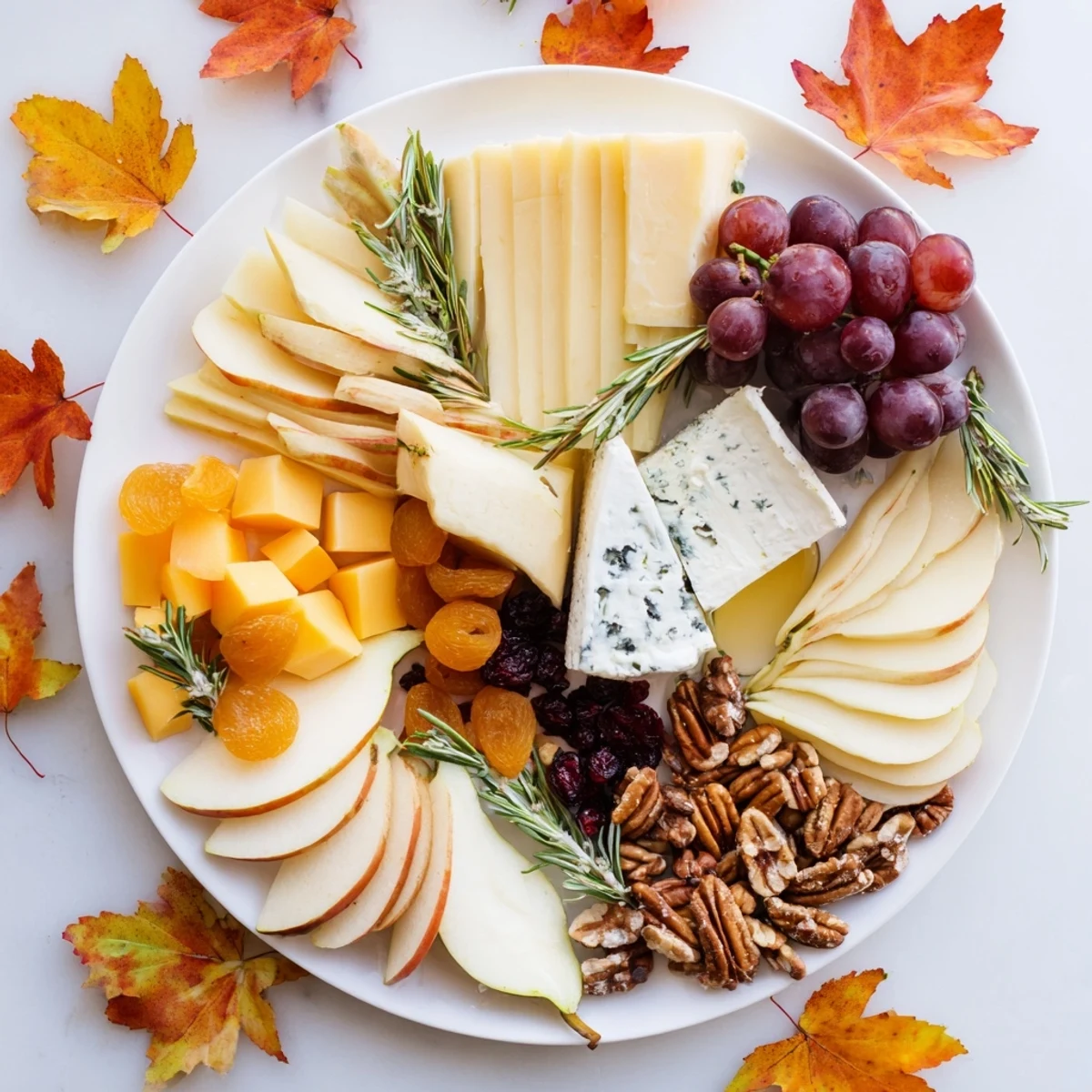 A beautiful Autumn Leaf Cheese Platter, showcasing creamy cheeses and seasonal fruits with garnishes.