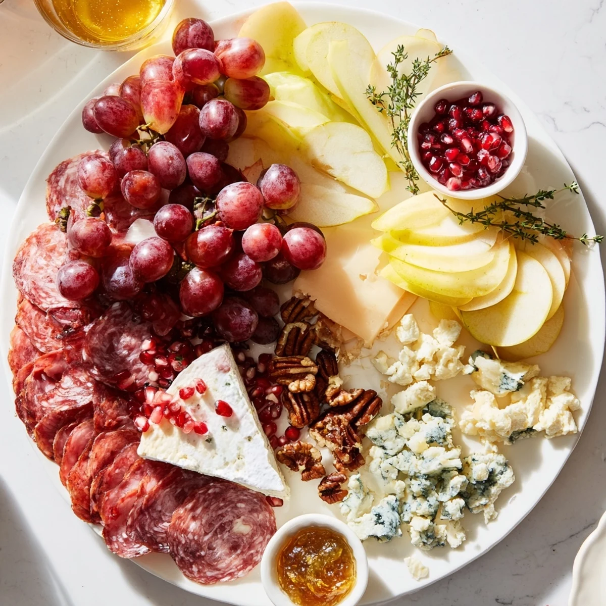 Jingle Bell Cheese Board—colorful and inviting with fresh fruit, cheeses, and charcuterie for guests.